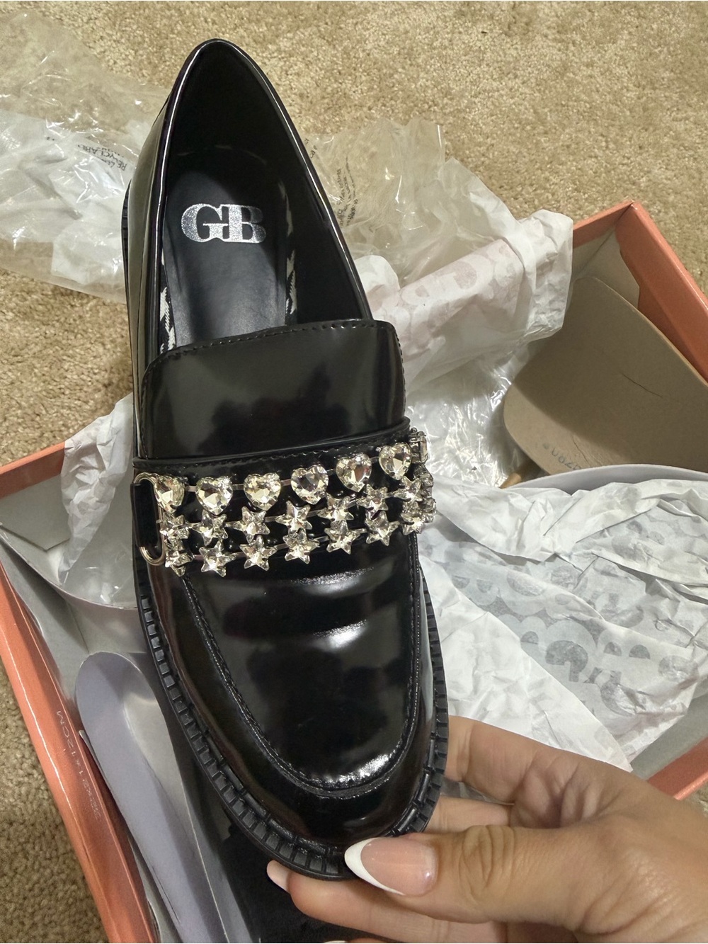 Gianni Bini Black Patent Loafer with Crystal Star & Heart Chain
